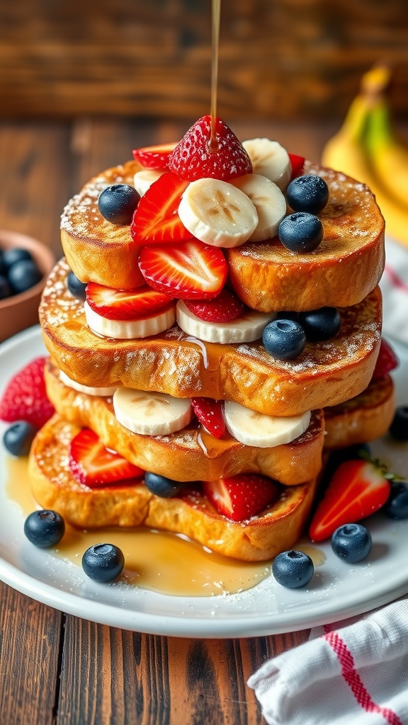 Stack of tres leches French toast with fresh fruits, powdered sugar, and syrup on a rustic wooden table.